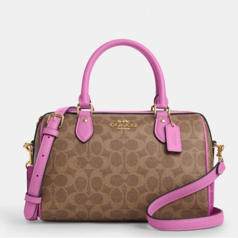 NWT Coach Rowan Satchel Bag In Signature Canvas CV961 in Tan fuchsia